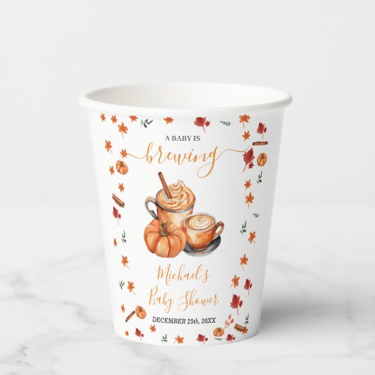 Een Baby brouwt Pumpkin Spice Coffee Baby shower Papieren Bekers (Voorkant)