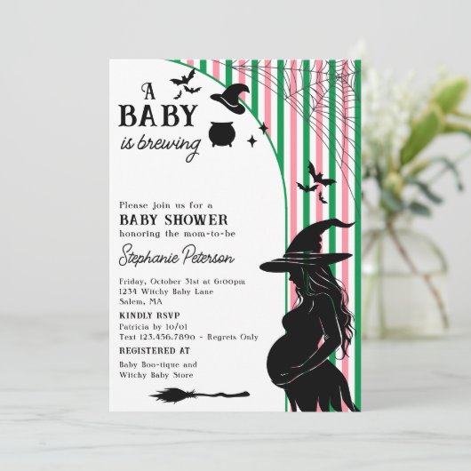 Een Baby brouwt roze groen Halloween Baby shower Kaart (Staand voorkant)