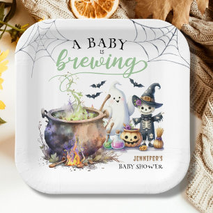 Een Baby brouwt Sage Green Halloween Baby shower Papieren Bordje
