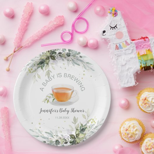 Een baby brouwt Tea Party Baby shower Papieren Bordje (Feest)