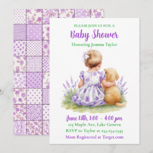 Een baby en haar hond   Paarse babyshower voor mei Kaart