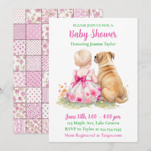 Een baby en haar hond   Roze babyshower voor meisj Kaart