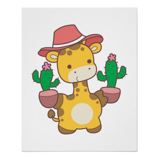 Een baby giraffe plant de cactus. perfect poster (Voorkant)