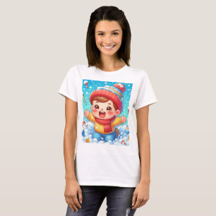 Een baby in een storm met een sneeuwpop in de rug t-shirt