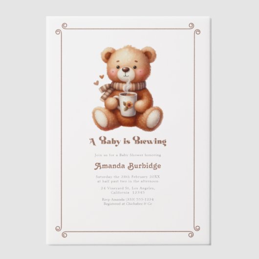 Een Baby is brouwen Coffee Teddy Baby shower Vellum Uitnodigingen (Voorkant)