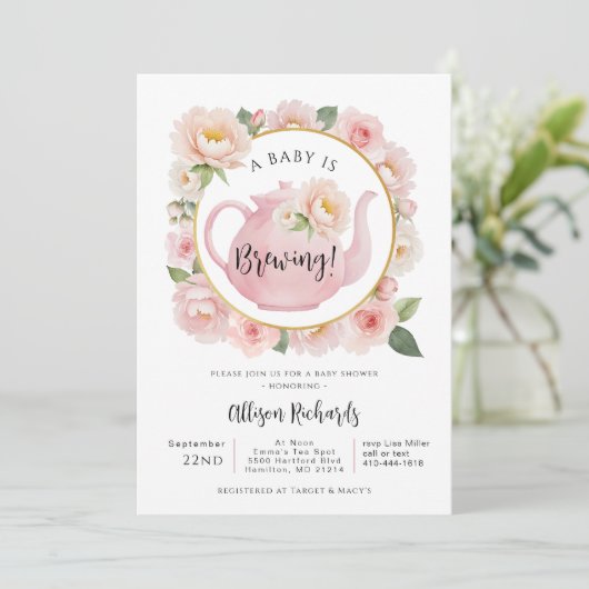 Een Baby is brouwen Tea Party Douche Uitnodigen Kaart (Staand voorkant)