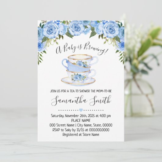 Een Baby is een blauwe baby shower-uitnodiging voo Feestdagenkaart (Staand voorkant)