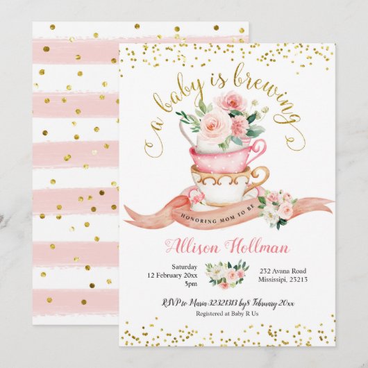 Een Baby is het Baby shower van de Tea Party Kaart (Voorkant / Achterkant)