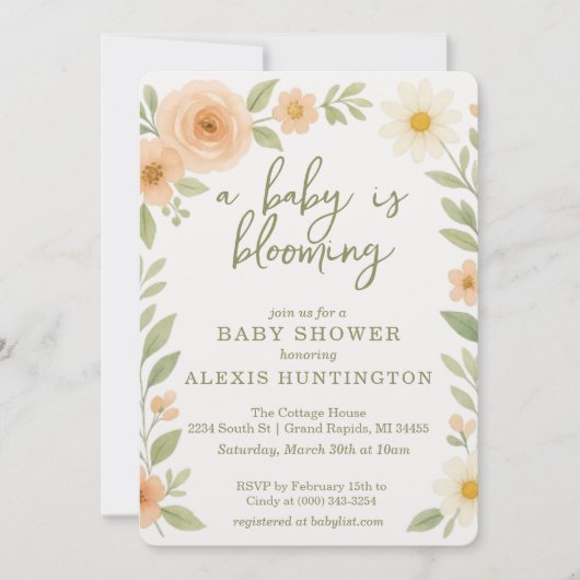 Een Baby is het Blooming Uitnodiging van het Baby  (Voorkant)