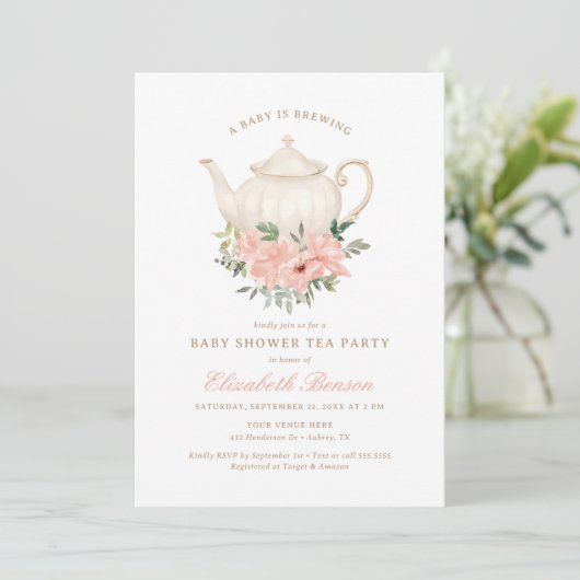 Een Baby is het brouwen van Floral Tea Party Baby Kaart (Staand voorkant)