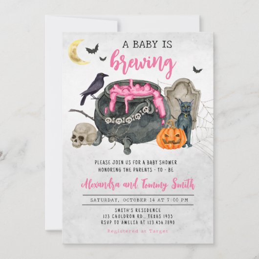 Een Baby is het brouwen van roze Halloween Baby sh Kaart (Voorkant)