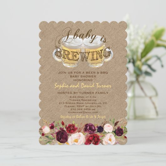 Een baby is in aantocht Burlap Bloemen BBQ Baby Sh Kaart (Staand voorkant)