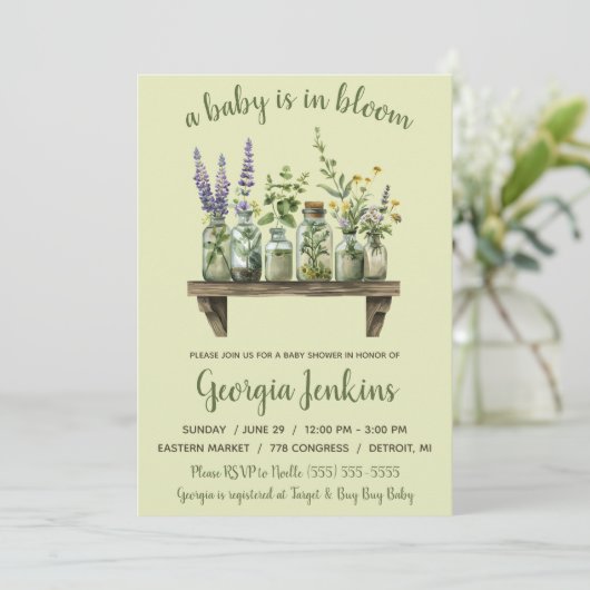 Een Baby is in Bloom, Spring Flowers Baby shower Kaart (Staand voorkant)