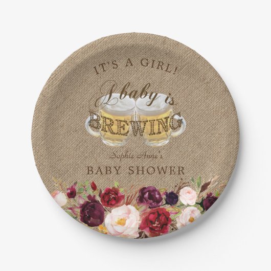 Een baby is in de maak Burlap Bloemige Baby Shower Papieren Bordje (Voorkant)
