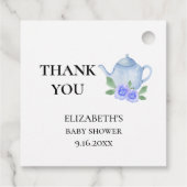 Een baby jongen brouwt blauwe theepot bloemenkrans bedankjes labels (Achterkant)