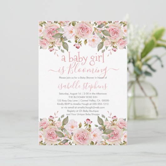 Een baby-meisje bloaait roze Baby shower Kaart (Staand voorkant)