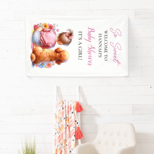 Een baby meisje en haar hond Baby shower gepersona Spandoek (Insitu)