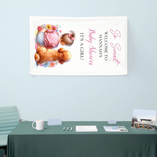 Een baby meisje en haar hond Baby shower gepersona Spandoek (Beurs)