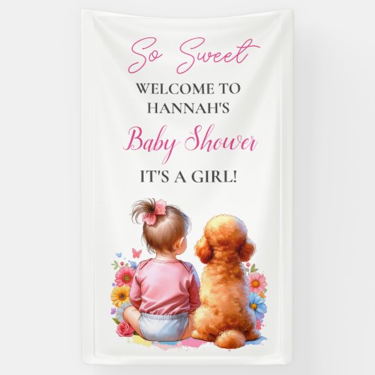 Een baby meisje en haar hond Baby shower gepersona Spandoek (Verticaal)