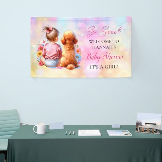 Een baby meisje en haar hond Baby shower gepersona Spandoek (Beurs)