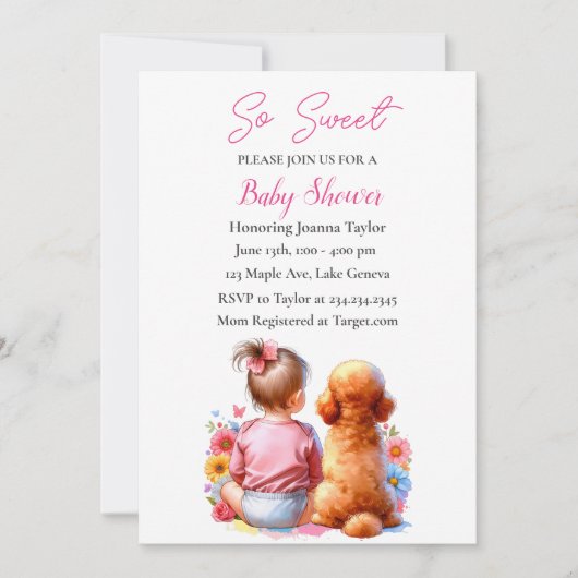 Een baby meisje en haar hond Baby shower Kaart (Voorkant)