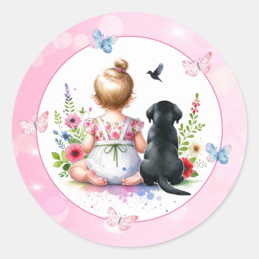 Een baby meisje en haar puppy Baby shower Ronde Sticker (Voorkant)