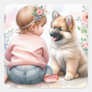 Een baby meisje en haar puppy roze Baby shower Vierkante Sticker