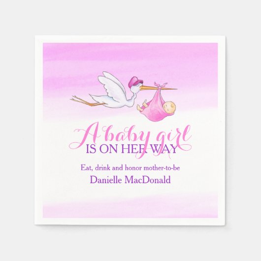 Een baby meisje is onderweg ooievaars servetten (Voorkant)