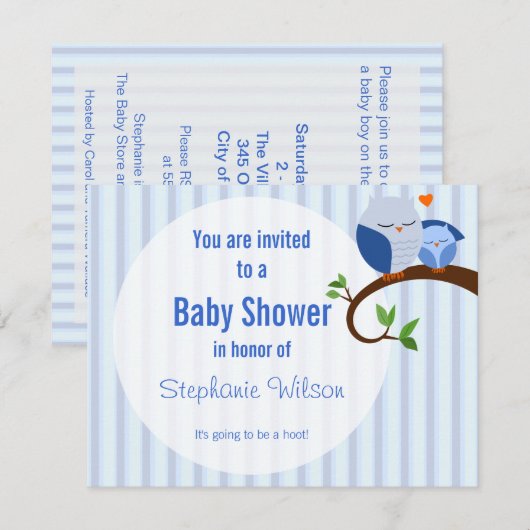 Een Baby shower blauwe uil uitnodiging (Voorkant / Achterkant)