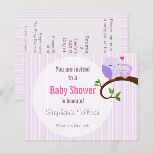 Een Baby shower Paarse uil uitnodiging (Voorkant / Achterkant)