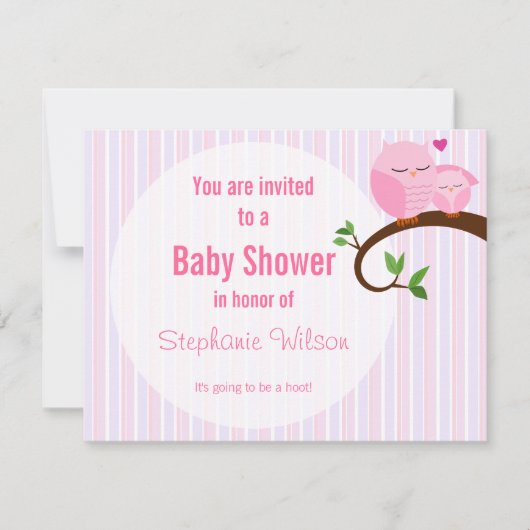 Een Baby shower roze uil uitnodiging (Voorkant)