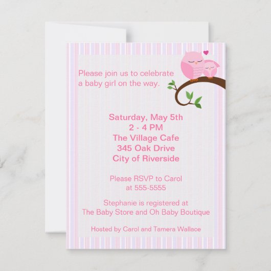 Een Baby shower roze uil uitnodiging (Achterkant)