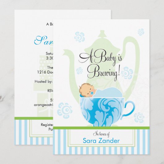 Een Baby shower-Tea-partij  | Jongen Kaart (Voorkant / Achterkant)