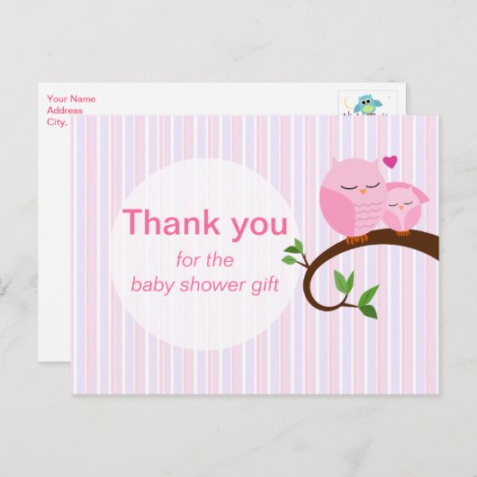 Een Baby showers uil dank je wel Pinks Briefkaart (Voorkant / Achterkant)