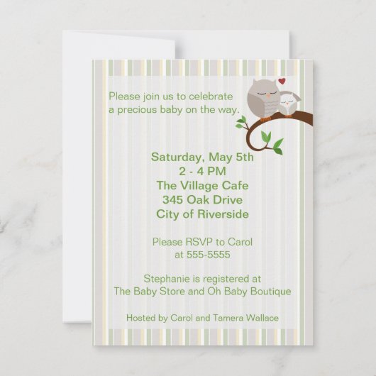 Een Baby showers uilenuitnodiging Kaart (Achterkant)