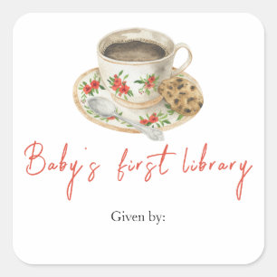 Een baby zet koffie - baby's eerste bibliotheek vierkante sticker