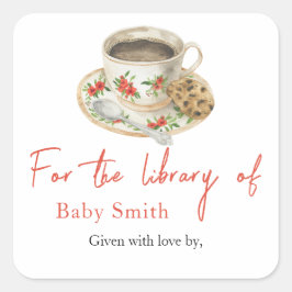 Een baby zet koffie - voor de bibliotheek van vierkante sticker