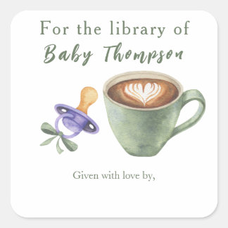 Een baby zet koffie - voor de bibliotheek van vierkante sticker