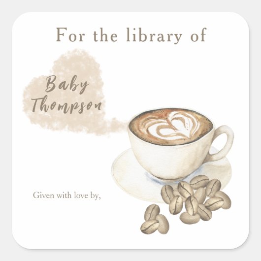 Een baby zet koffie - voor de bibliotheek van vierkante sticker (Voorkant)