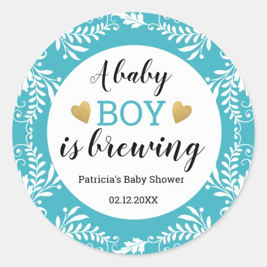 Een babyjongen brouwt Baby shower blauw-wit Ronde Sticker (Voorkant)