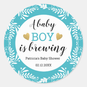 Een babyjongen brouwt Baby shower blauw-wit Ronde Sticker