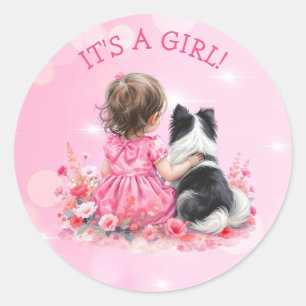 Een babymeisje en haar hond Het is een meisje Ba Ronde Sticker