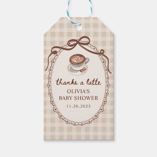 Een baby'tje is op komst Gingham koffie baby showe Cadeaulabel (Voorkant)