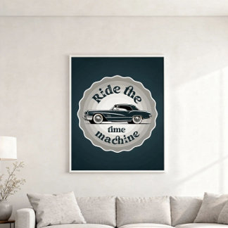 Een badge stijl grafiek met vintage auto binnen. poster