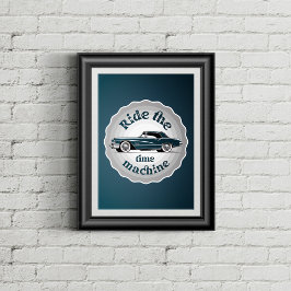 Een badge stijl grafiek met vintage auto binnen. poster