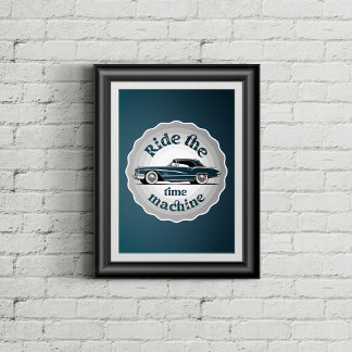 Een badge stijl grafiek met vintage auto binnen. poster