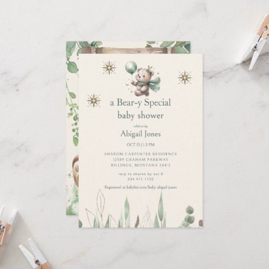 Een Beer-y speciale crème Baby shower Kaart (Voorkant / Achterkant in situ)