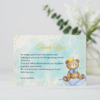 Een beetje Beer Prince Blue Gold Boy Baby shower Bedankkaart