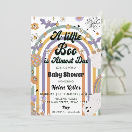 Een beetje Boo Groovy Rainbow Halloween Baby showe Kaart (Staand voorkant)