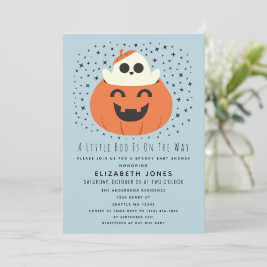 Een beetje Boo Halloween Baby shower Boy Invitatio Kaart (Staand voorkant)